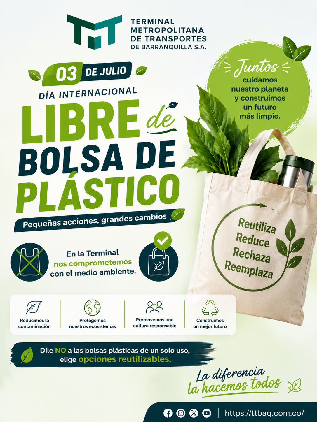 Afiche institucional sobre el Día Internacional Libre de Bolsas de Plástico con una bolsa reutilizable, plantas y mensajes que promueven el cuidado del medio ambiente.