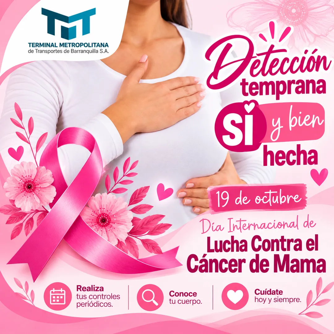 Afiche institucional del 19 de octubre, Día Internacional de la Lucha contra el Cáncer de Mama, con el lazo rosa, una mujer y mensajes que promueven la detección temprana, los controles médicos periódicos y el autocuidado.