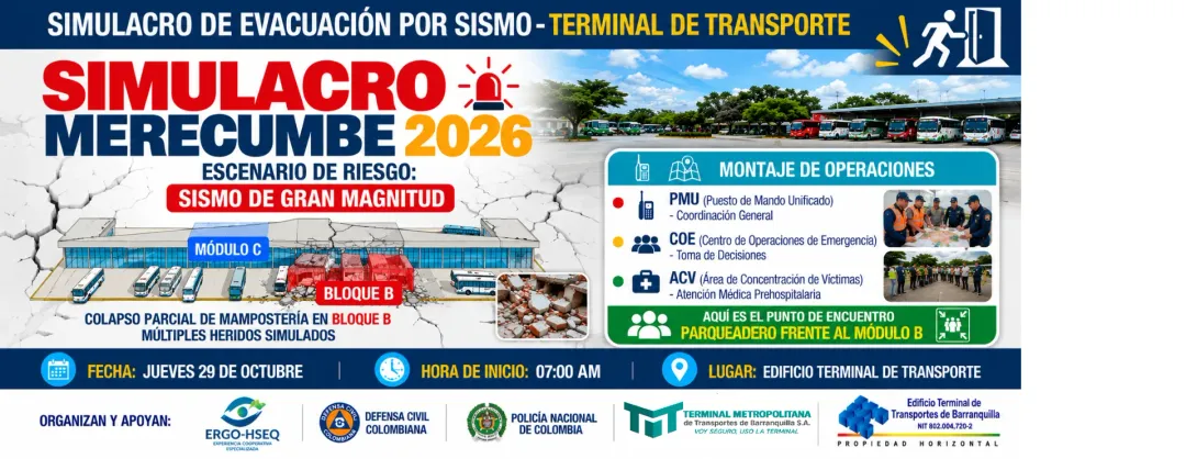 Afiche del Simulacro Merecumbé 2026 de evacuación por sismo en la Terminal de Transportes de Barranquilla, programado para el 29 de octubre a las 7:00 a. m. Incluye el escenario de riesgo, los equipos de respuesta y el punto de encuentro frente al Módulo B.