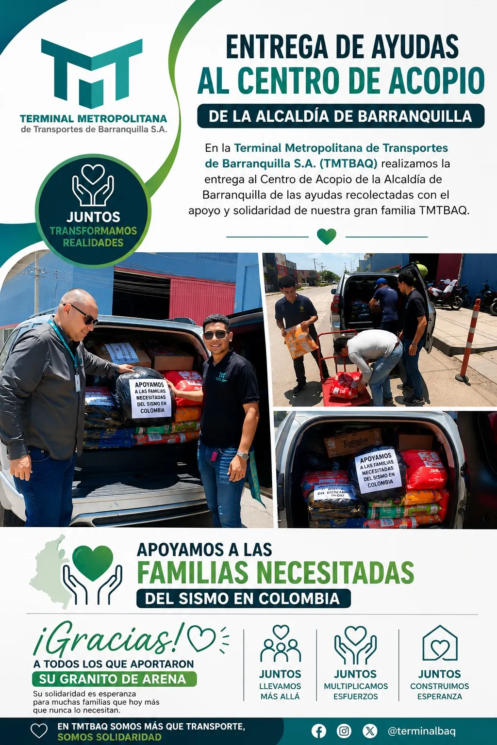 Entrega de ayudas recolectadas por la Terminal Metropolitana de Transportes de Barranquilla S.A. al centro de acopio de la Alcaldía de Barranquilla para apoyar a familias afectadas por el sismo en Colombia.