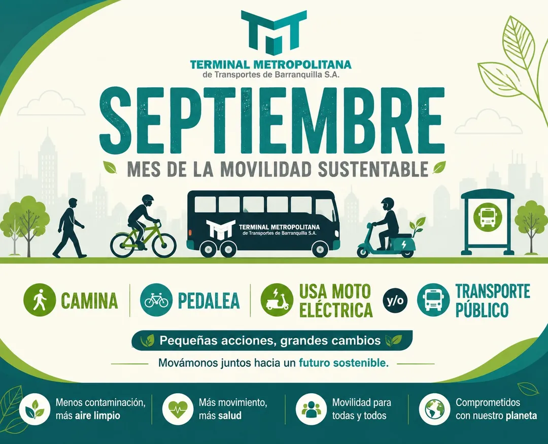 Afiche institucional del Mes de la Movilidad Sustentable que promueve caminar, pedalear, usar moto eléctrica y transporte público como alternativas para una movilidad más sostenible.