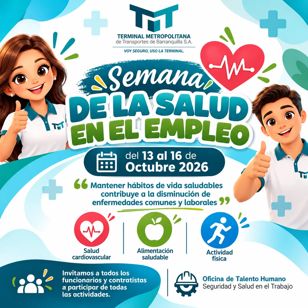 Afiche institucional de la Semana de la Salud en el Empleo, del 13 al 16 de octubre de 2026, con ilustraciones de colaboradores y mensajes sobre salud cardiovascular, alimentación saludable y actividad física.