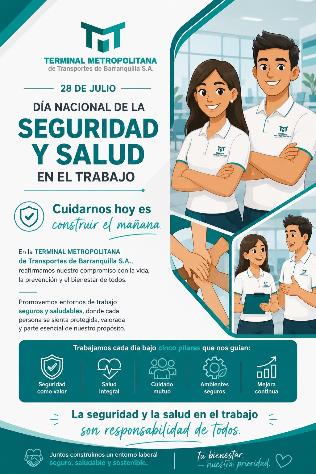 Afiche institucional del Día Nacional de la Seguridad y Salud en el Trabajo con ilustraciones de colaboradores de la Terminal Metropolitana, mensajes sobre prevención, bienestar y trabajo seguro, e íconos que representan los pilares de la seguridad y la salud en el entorno laboral.